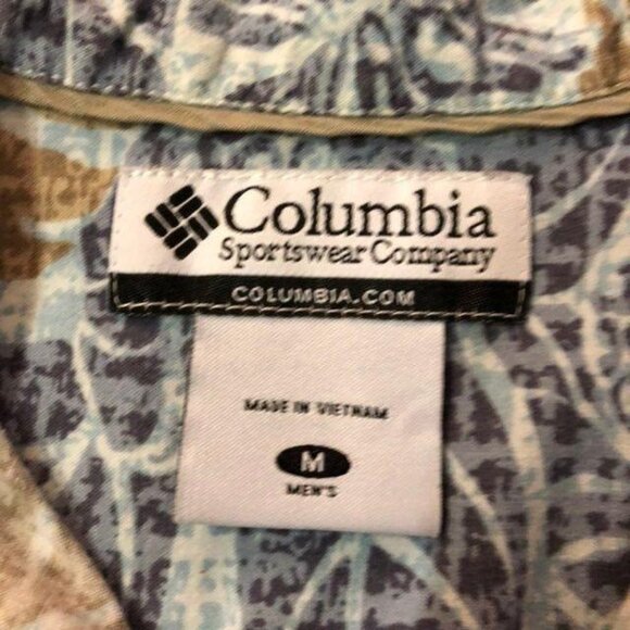 Columbia Camp Shirt Mens M Blue Tan Leaf Print Hawaiian Casual Summer Travel Y2K - Picture 8 of 16